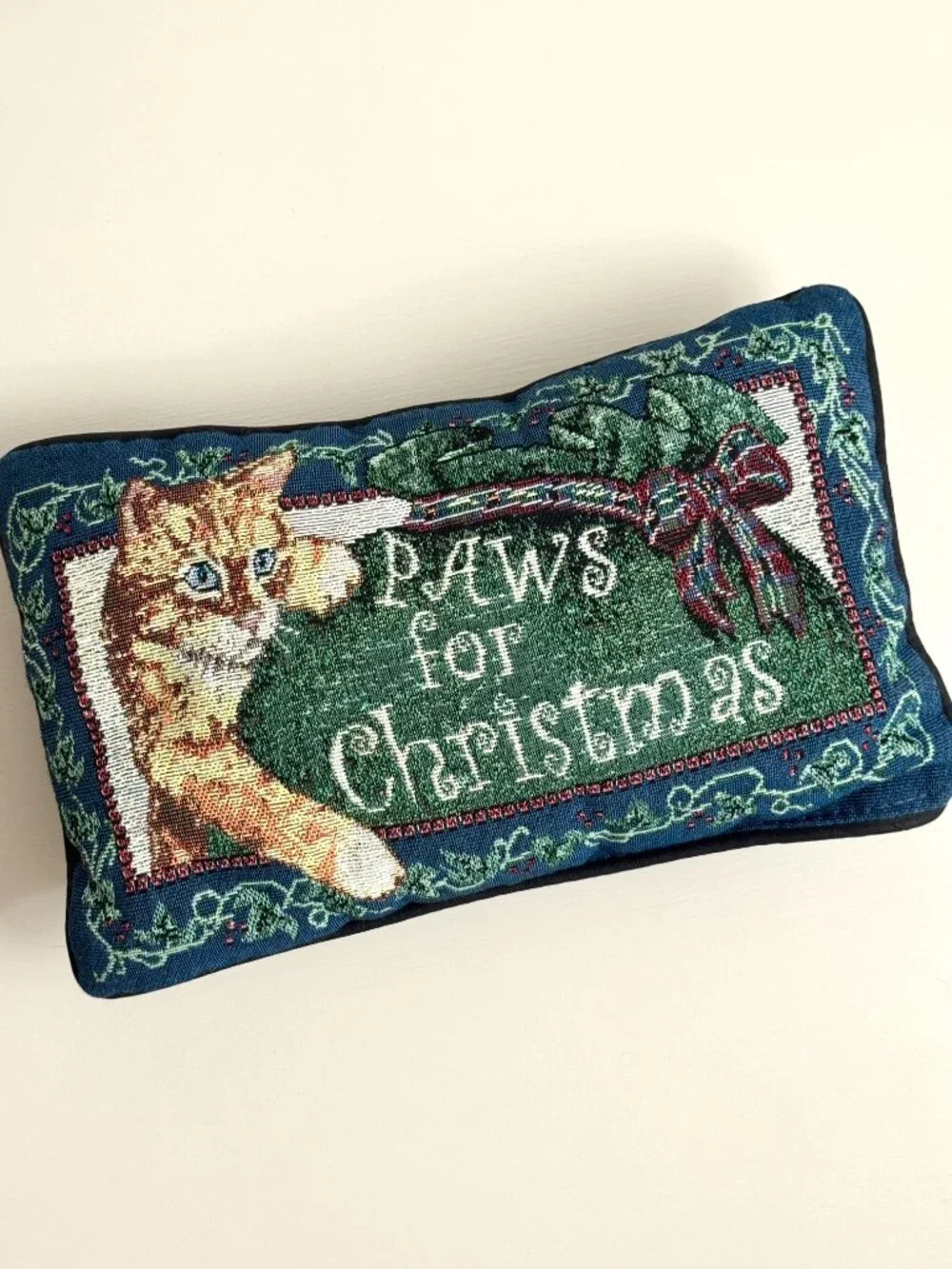 Vtg Paws for Christmas Orange Cat Tapestry Throw Pillow Plaid Holiday Festive